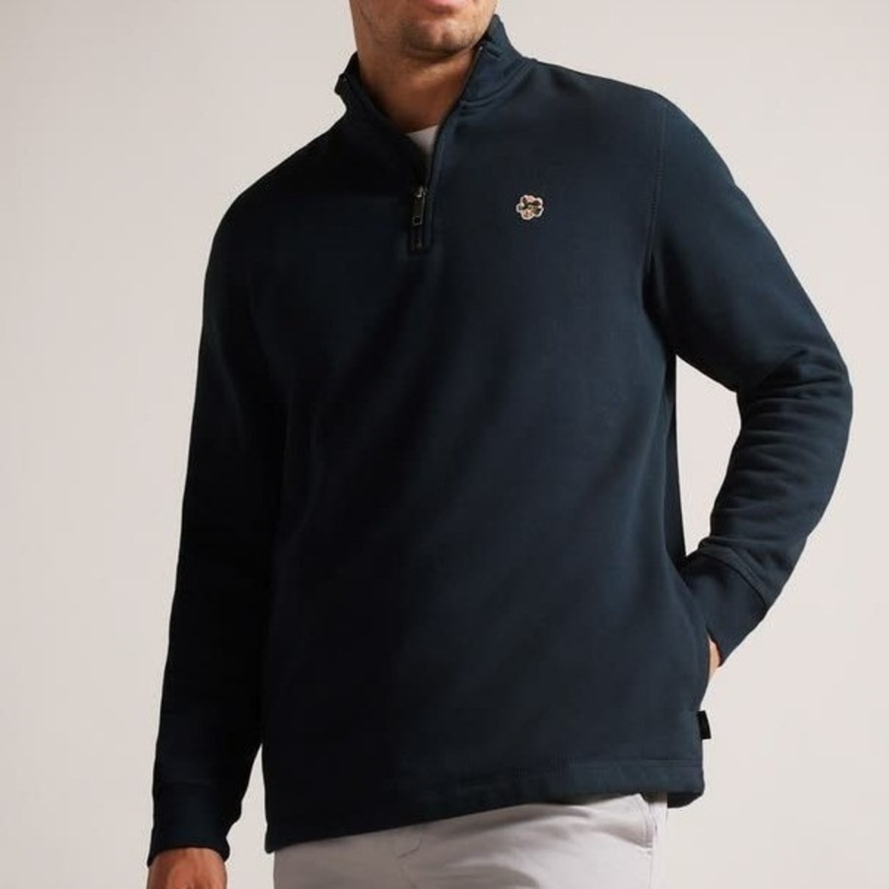 Ted Baker Kilbrn Quarter Zip Sweatshirt Mens 5 XL Navy Blue Floral Logo Pullover